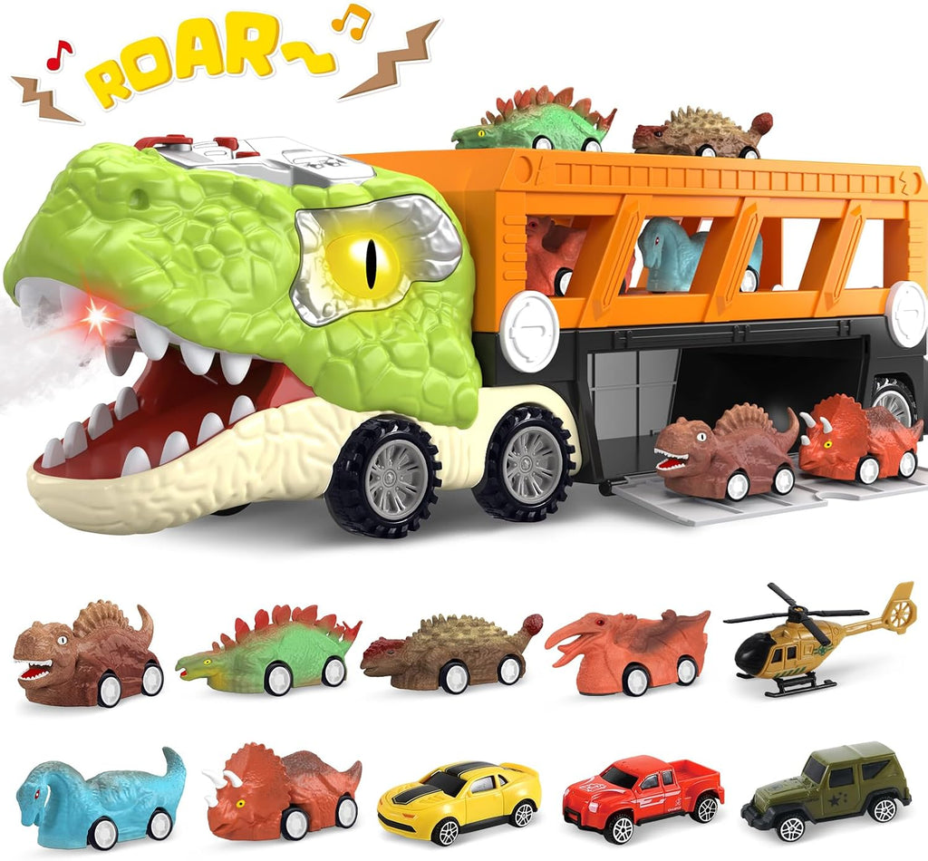 11-in-1 dinosaur truck set with pull-back vehicles, view 1