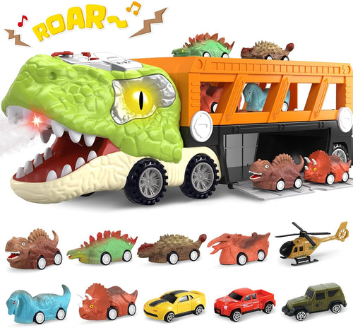11-in-1 dinosaur truck set with pull-back vehicles, view 1