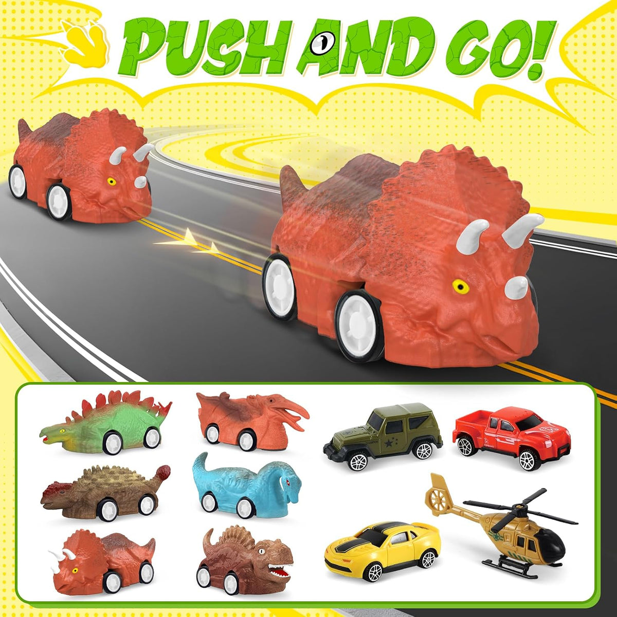 11-in-1 dinosaur truck set with pull-back vehicles, view 6