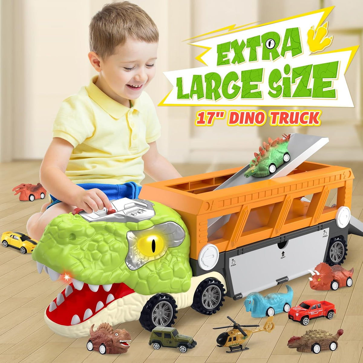 11-in-1 dinosaur truck set with pull-back vehicles, view 4